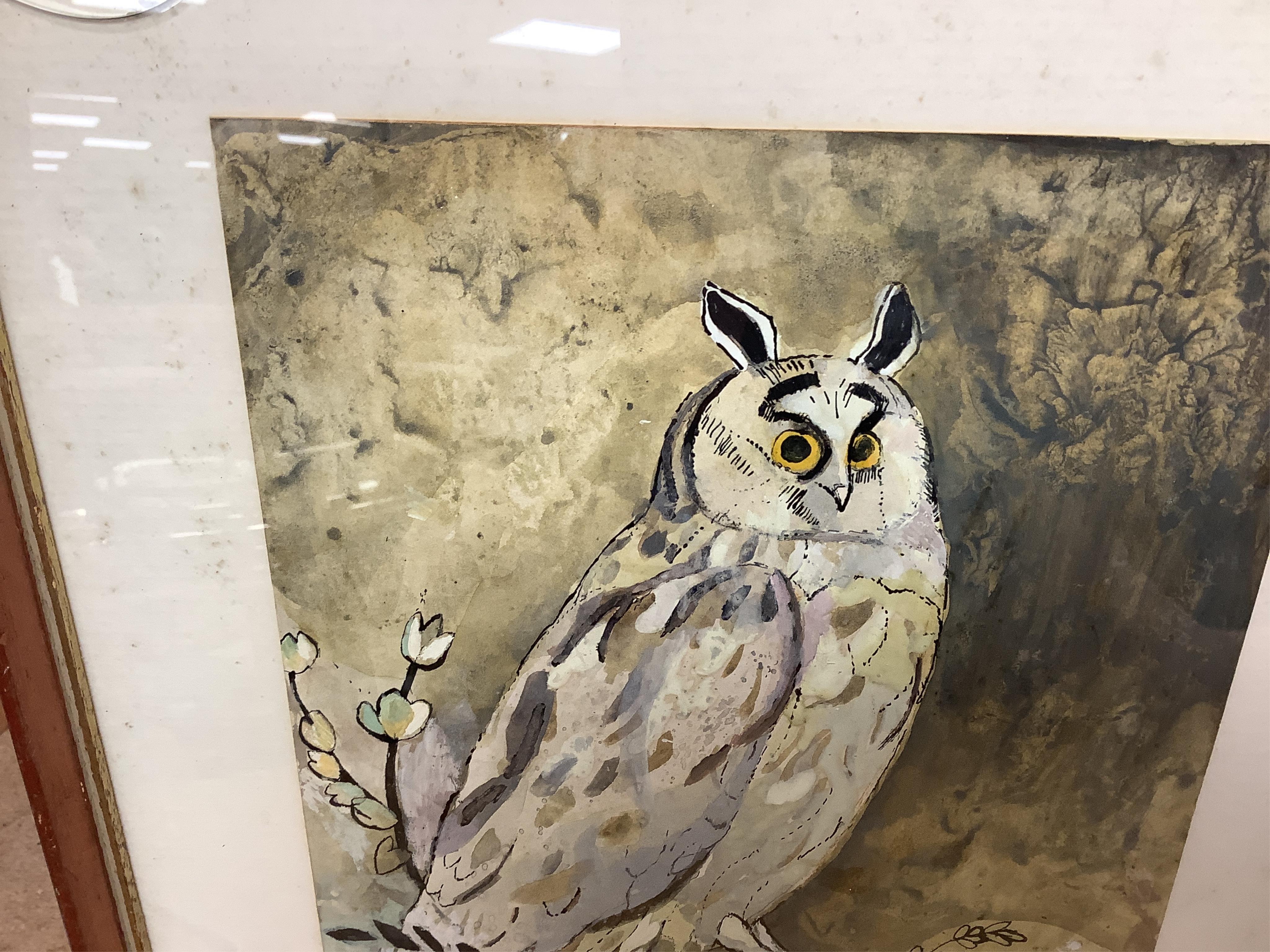 Gwyneth Johnstone (Daughter of Augustus John, 1914-2010), watercolour, Study of an owl, monogrammed, inscribed verso, 32 x 21cm. Condition - poor to fair